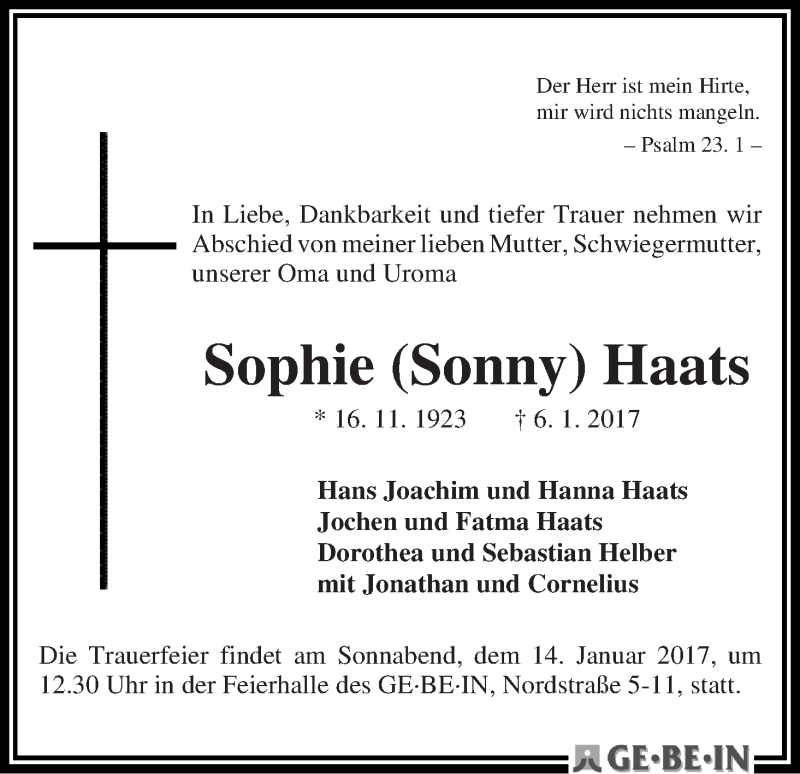 Traueranzeige von Sophie (Sonny) Haats von WESER-KURIER