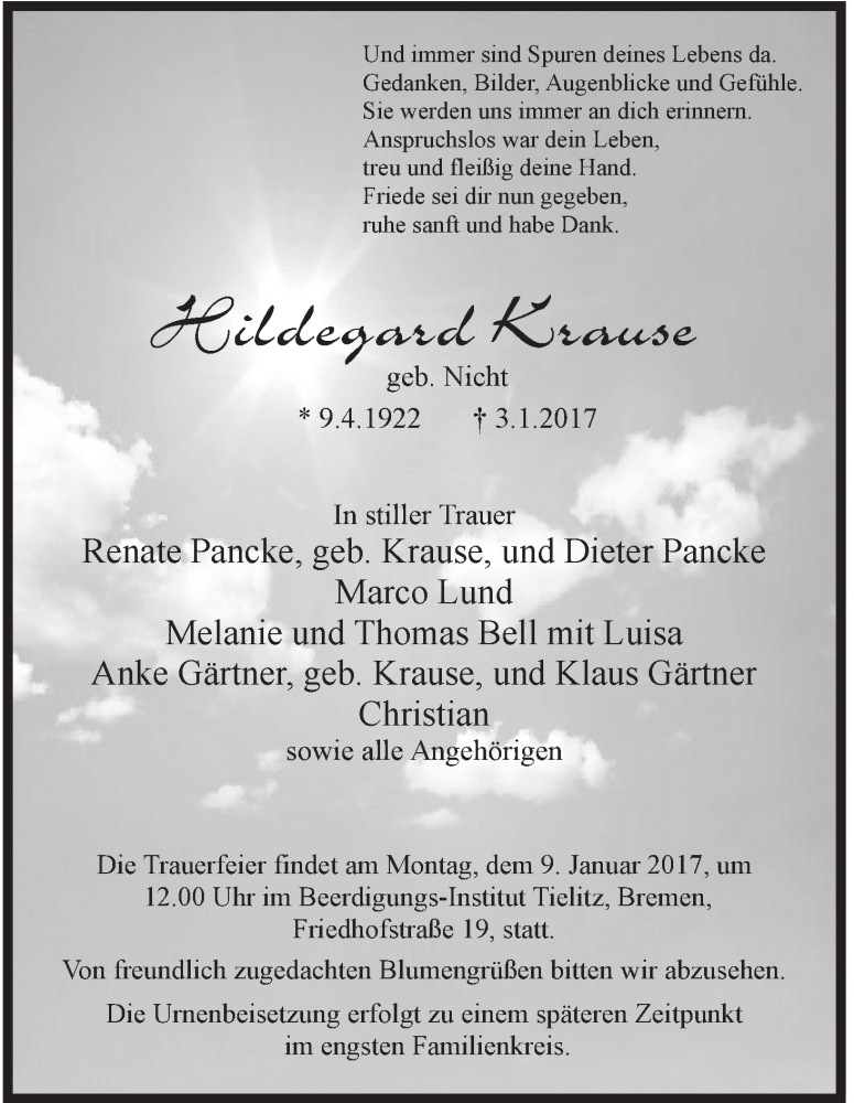 Traueranzeige von Hildegard Krause von WESER-KURIER