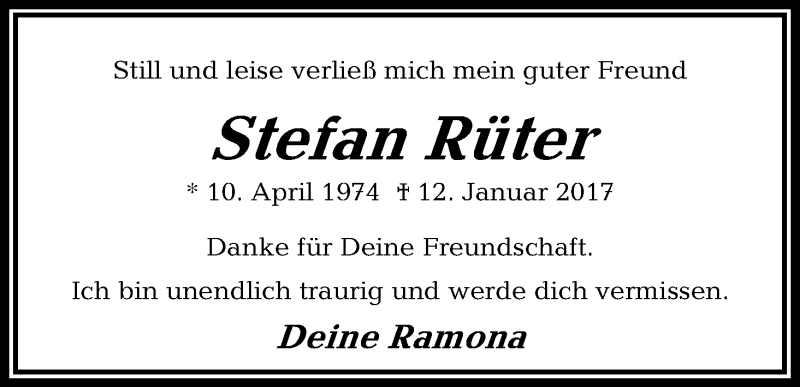 Traueranzeige von Stefan Rüter von Osterholzer Kreisblatt