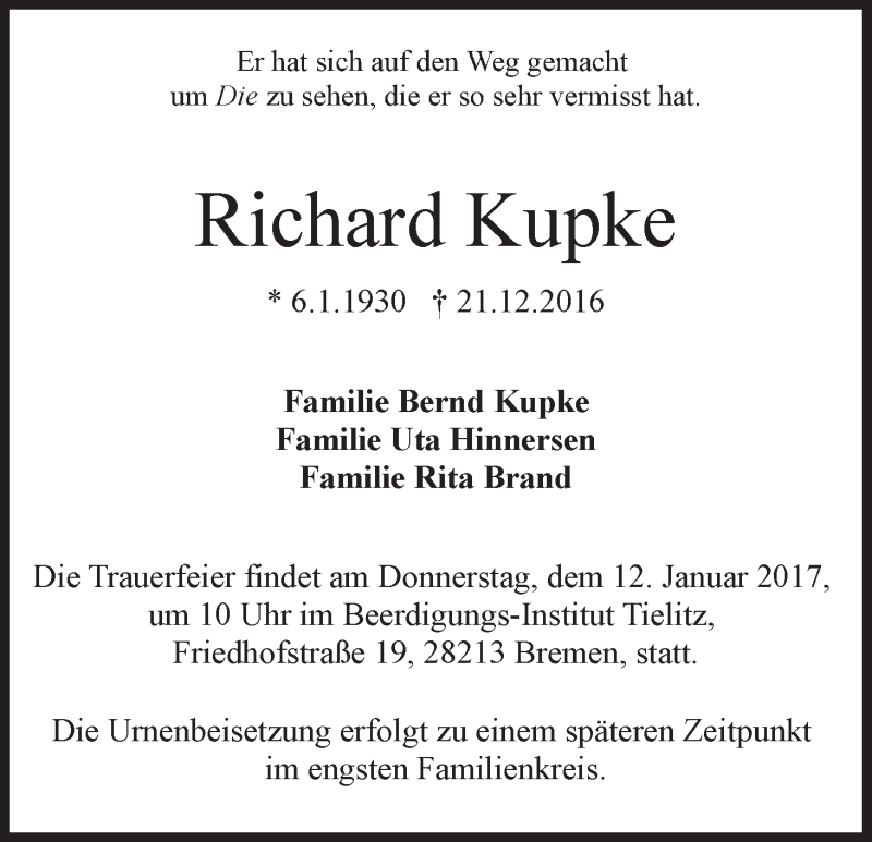 Traueranzeige von Richard Kupke von WESER-KURIER