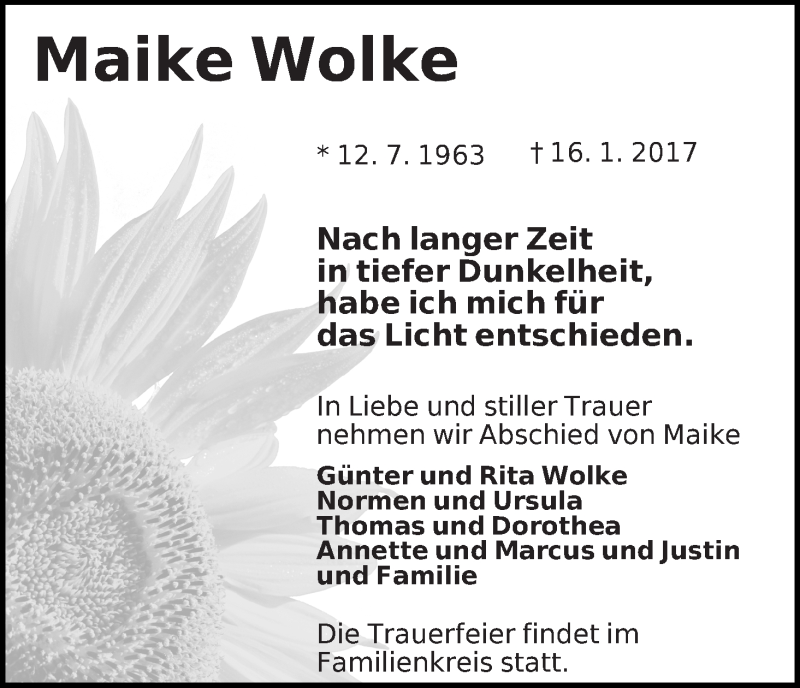  Traueranzeige für Maike Wolke vom 21.01.2017 aus Die Norddeutsche