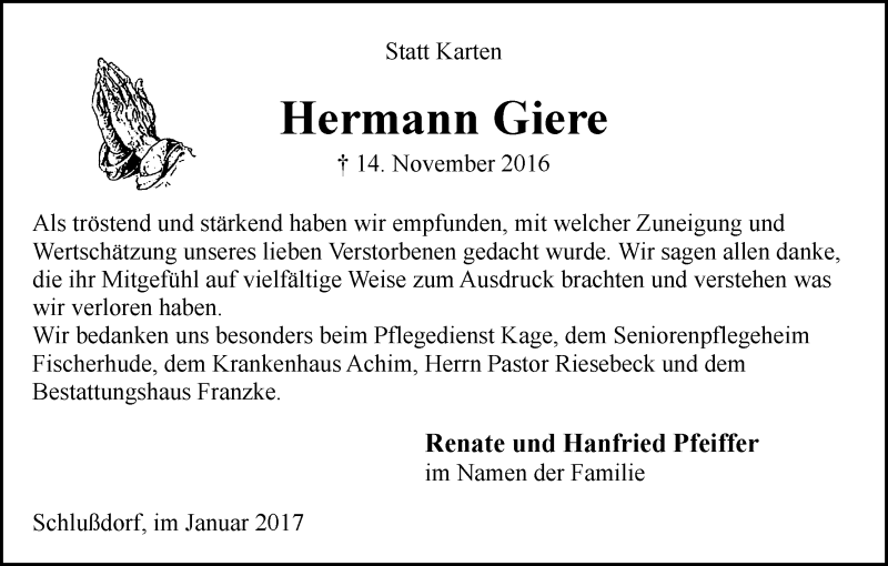 Traueranzeige von Hermann Giere von Wuemme Zeitung