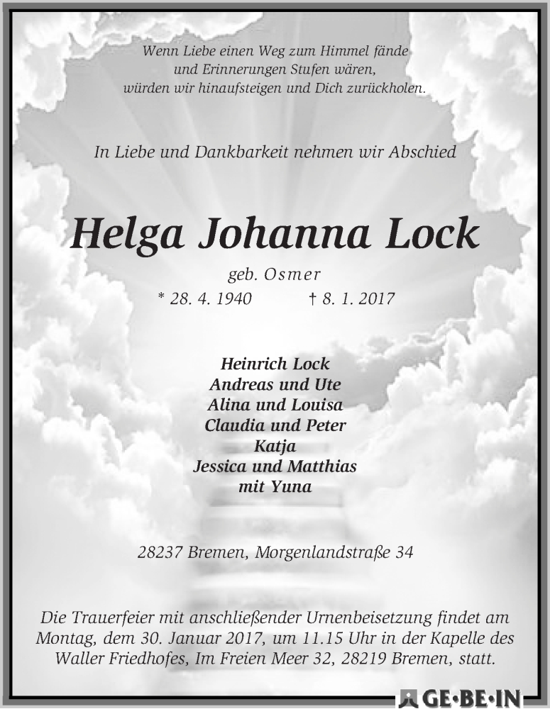 Traueranzeige von Helga Johanna Lock von WESER-KURIER