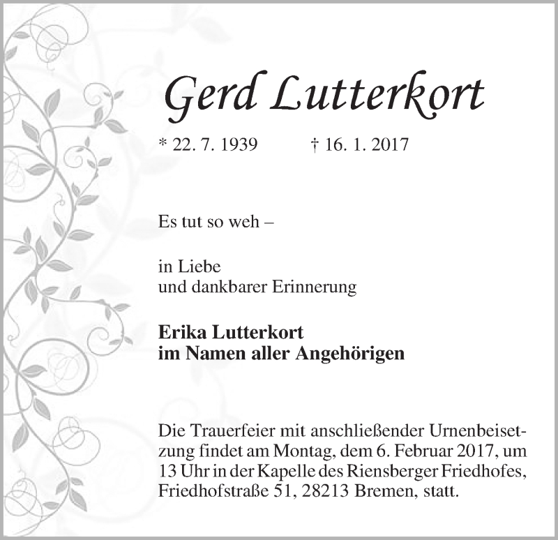 Traueranzeige von Gerd Lutterkort von WESER-KURIER
