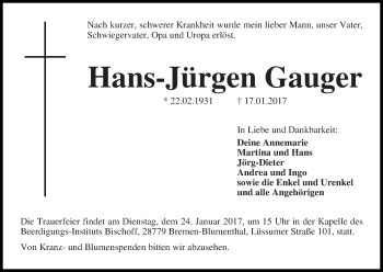 Traueranzeige von Hans-Jürgen Gauger