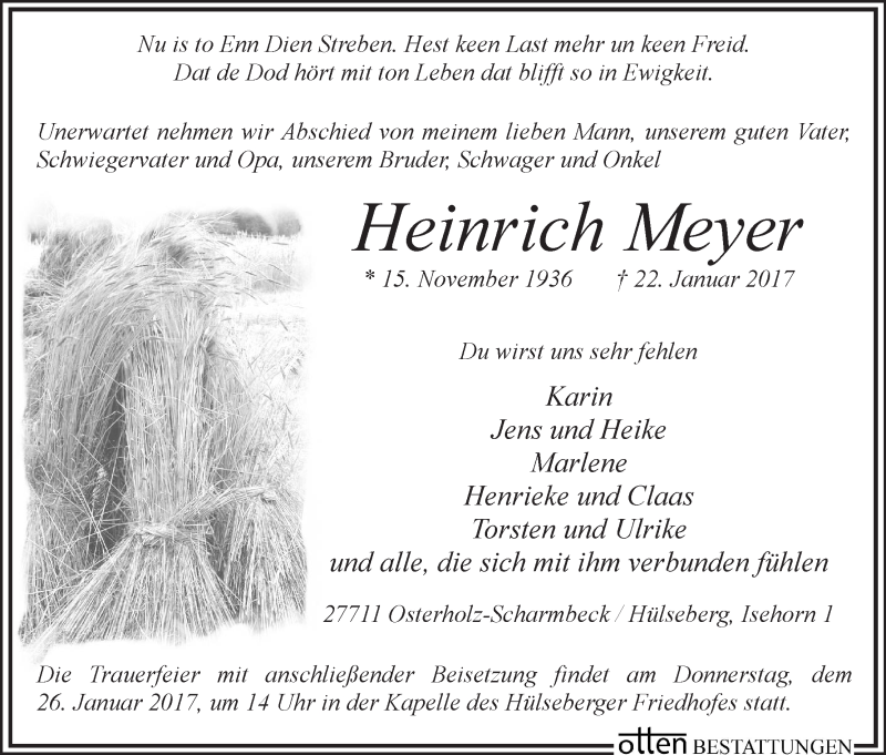  Traueranzeige für Heinrich Meyer vom 24.01.2017 aus Osterholzer Kreisblatt