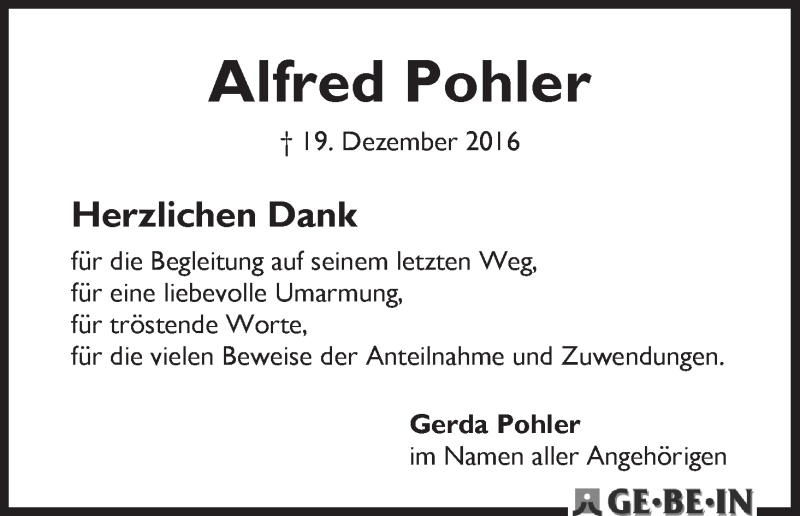Traueranzeige von Alfred Pohler von WESER-KURIER