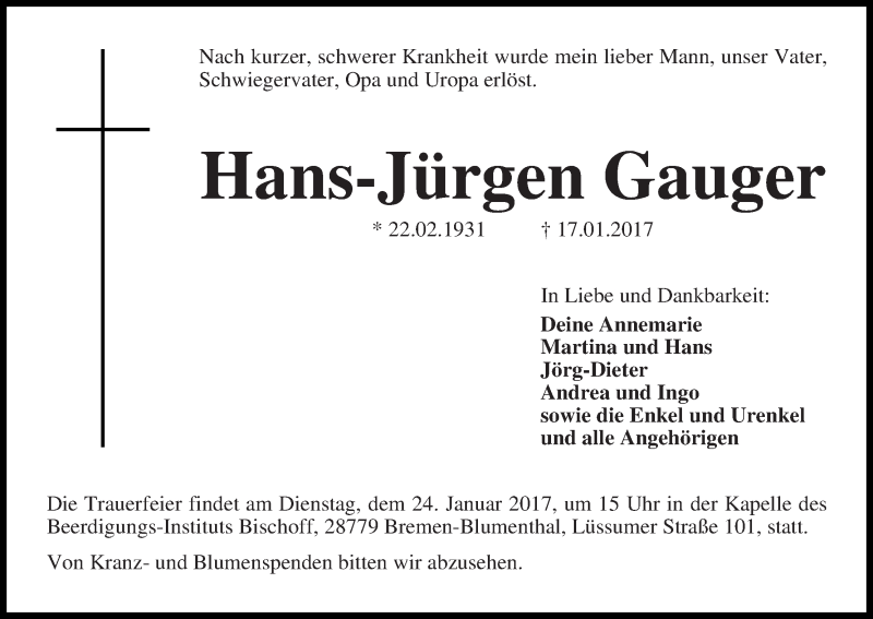 Traueranzeige von Hans-Jürgen Gauger von Die Norddeutsche