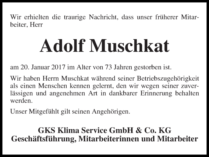 Traueranzeige von Adolf Muschkat von WESER-KURIER