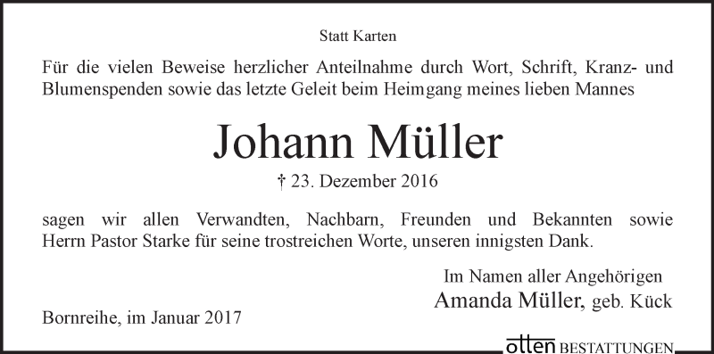 Traueranzeige von Johann Müller von Osterholzer Kreisblatt