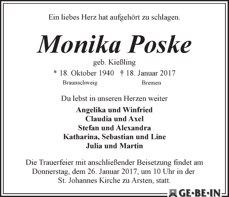 Traueranzeige von Monika Poske von WESER-KURIER