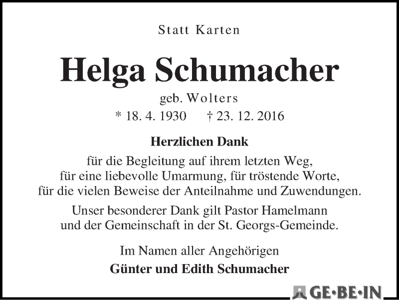 Traueranzeige von Helga Schumacher von WESER-KURIER