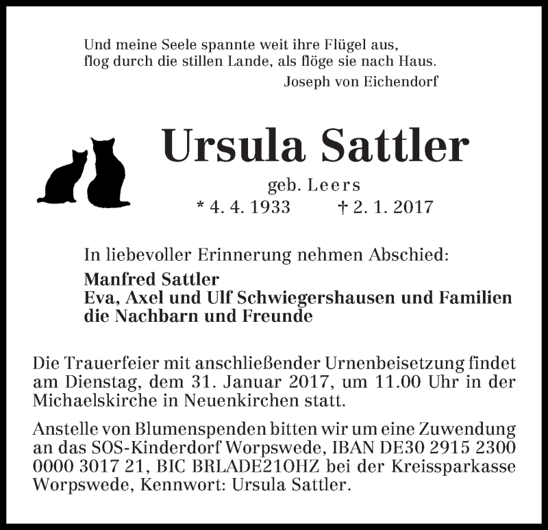 Traueranzeige von Ursula Sattler von WESER-KURIER