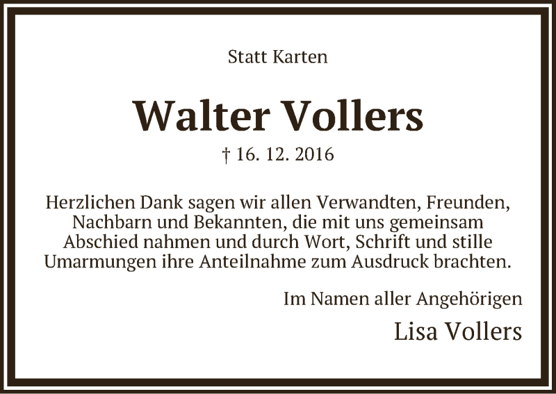 Traueranzeige von Walter Vollers von WESER-KURIER