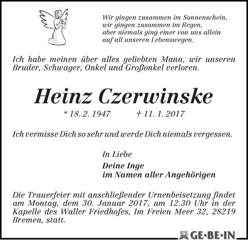 Traueranzeige von Heinz Czerwinske von WESER-KURIER