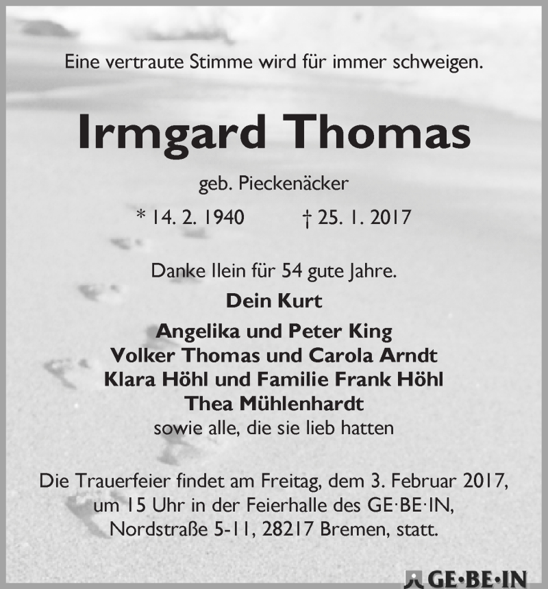 Traueranzeige von Irmgard Thomas von WESER-KURIER