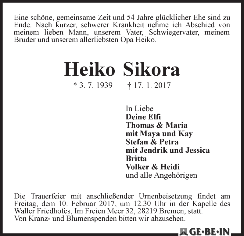 Traueranzeige von Heiko Sikora von WESER-KURIER