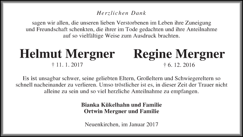 Traueranzeige von Helmut und Regine Mergner von WESER-KURIER