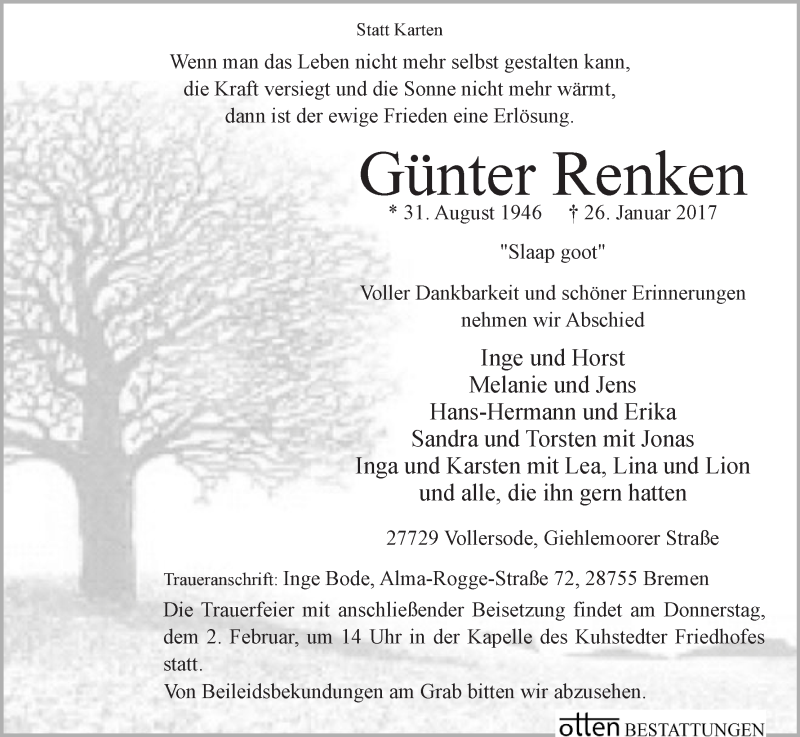 Traueranzeige von Günter Renken von Osterholzer Kreisblatt