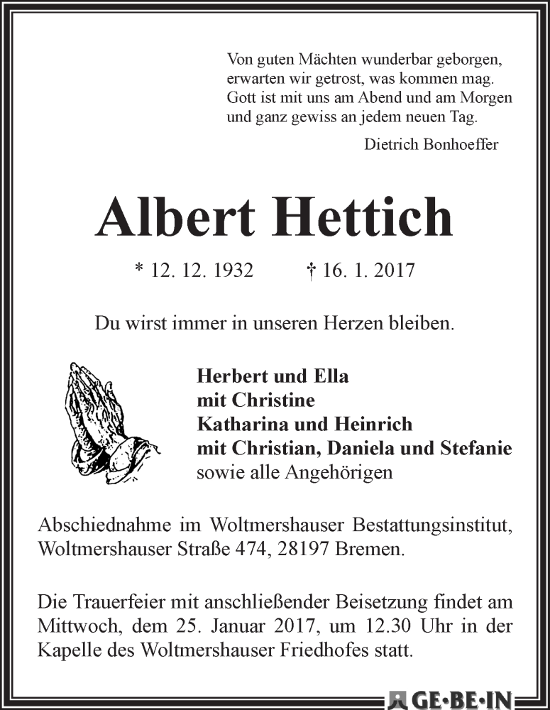 Traueranzeige von Albert Hettich von WESER-KURIER