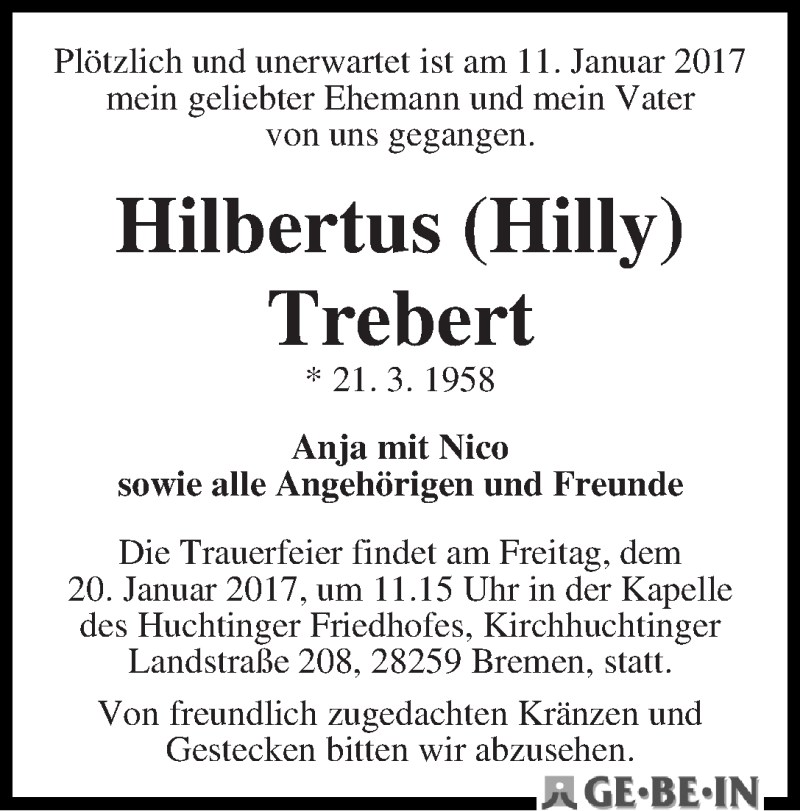 Traueranzeige von Hilbertus (Hilly) Trebert von WESER-KURIER