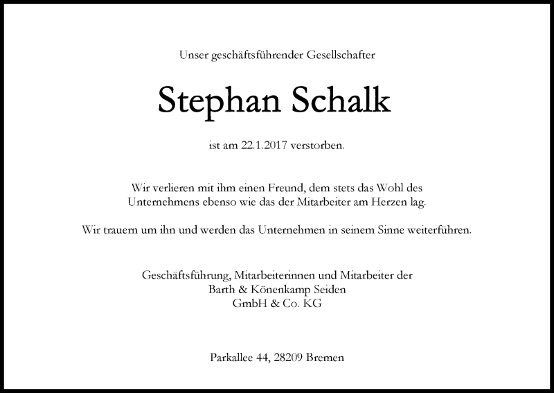 Traueranzeige von Stephan Schalk von WESER-KURIER