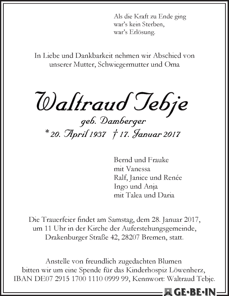Traueranzeige von Waltraud Tebje von WESER-KURIER