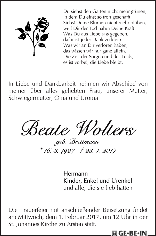 Traueranzeige von Beate Wolters von WESER-KURIER