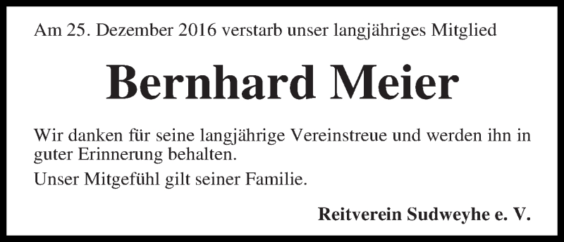 Traueranzeige von Bernhard Meier von WESER-KURIER