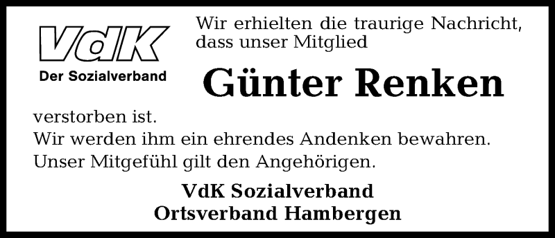 Traueranzeige von Günter Renken von Osterholzer Kreisblatt