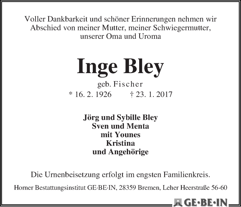 Traueranzeige von Inge Bley von WESER-KURIER