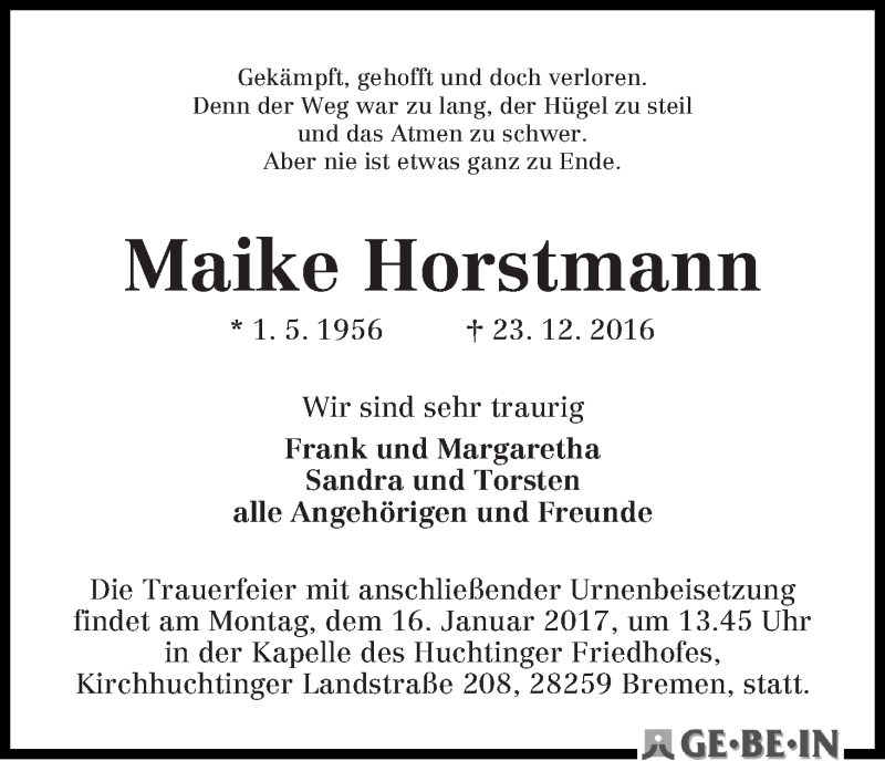 Traueranzeige von Maike Horstmann von WESER-KURIER