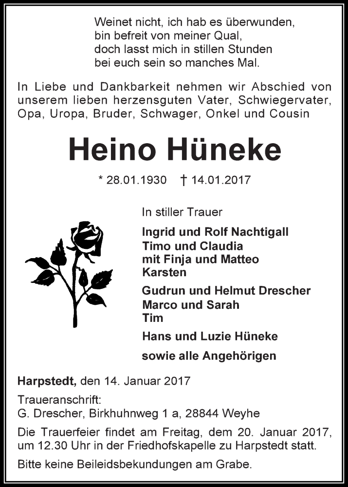  Traueranzeige für Heino Hüneke vom 18.01.2017 aus WESER-KURIER