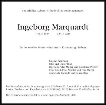 Traueranzeige von Ingeborg Marquardt