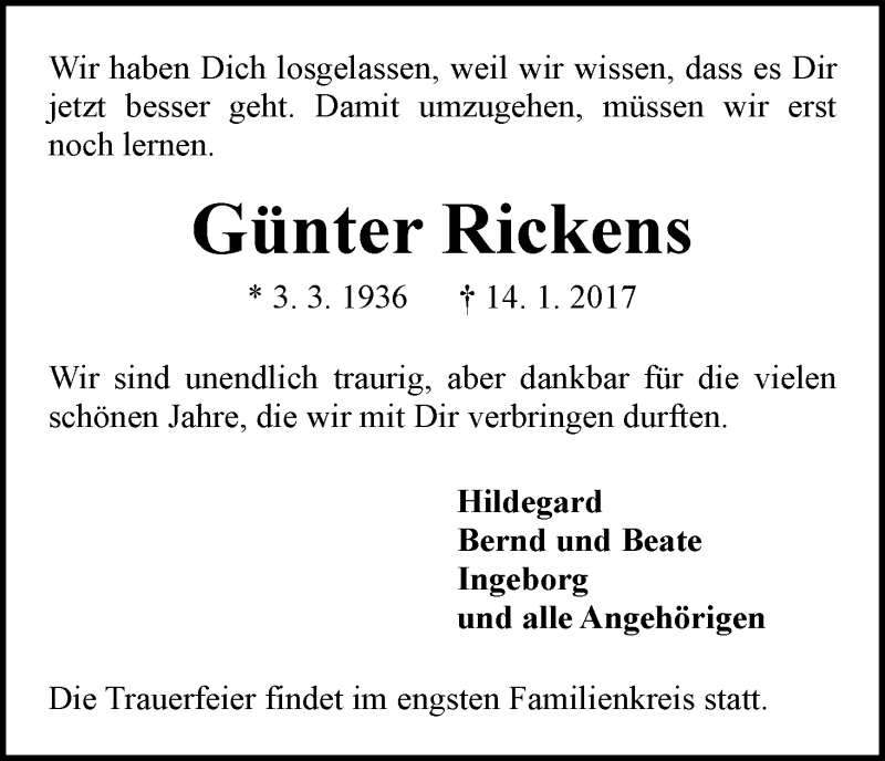  Traueranzeige für Günter Rickens vom 18.01.2017 aus WESER-KURIER