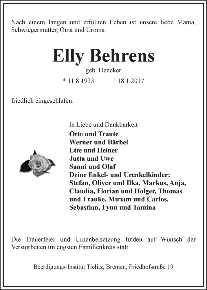 Traueranzeige von Elly Behrens von WESER-KURIER