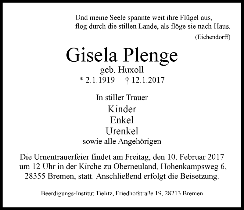 Traueranzeige von Gisela Plenge von WESER-KURIER