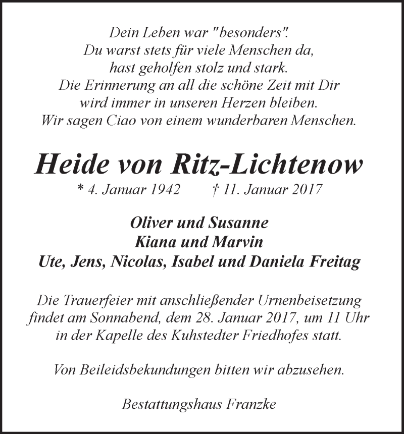  Traueranzeige für Heide von Ritz-Lichtenow vom 21.01.2017 aus Osterholzer Kreisblatt