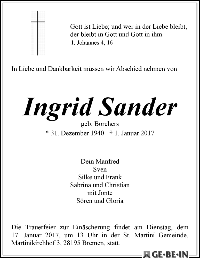 Traueranzeige von Ingrid Sander von WESER-KURIER
