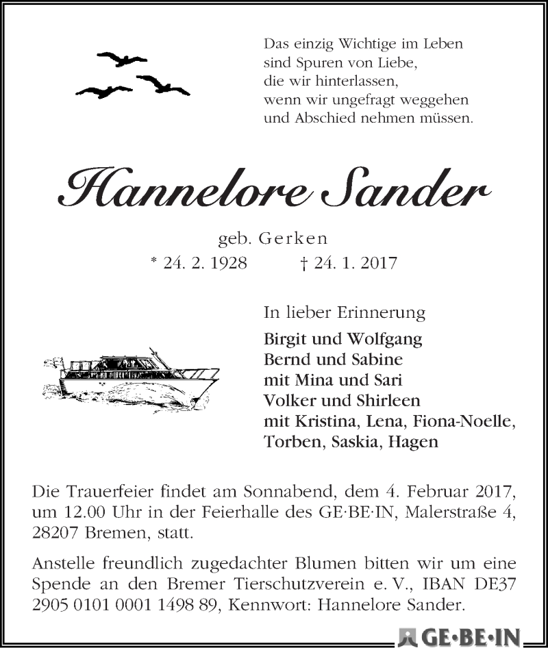  Traueranzeige für Hannelore Sander vom 28.01.2017 aus WESER-KURIER