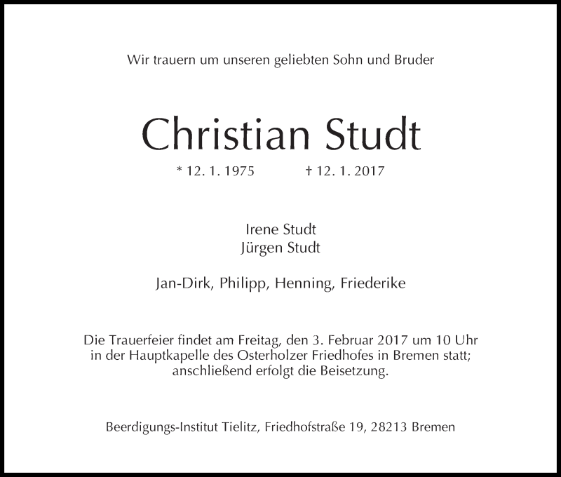  Traueranzeige für Christian Studt vom 28.01.2017 aus WESER-KURIER