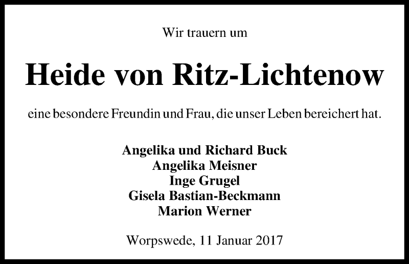  Traueranzeige für Heide von Ritz-Lichtenow vom 21.01.2017 aus Wuemme Zeitung