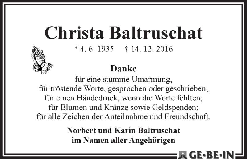 Traueranzeige von Christa Baltruchat von WESER-KURIER