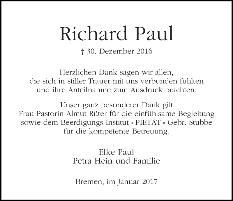 Traueranzeige von Richard Paul von WESER-KURIER