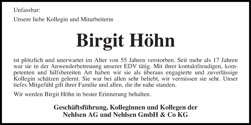  Traueranzeige für Birgit Höhn vom 23.01.2017 aus Die Norddeutsche