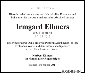 Traueranzeige von Irmgard Ellmers
