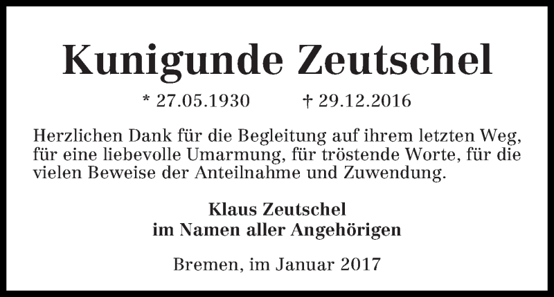 Traueranzeige von Kunigunde Zeutschel von WESER-KURIER