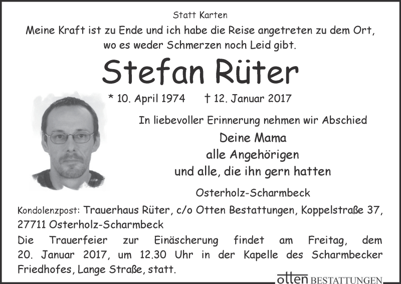 Traueranzeige von Stefan Rüter von Osterholzer Kreisblatt