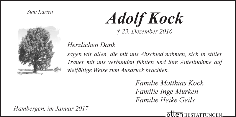 Traueranzeige von Adolf Kock von Osterholzer Kreisblatt