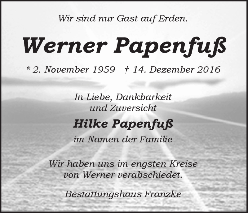 Traueranzeige von Werner Papenfuß von Wuemme Zeitung